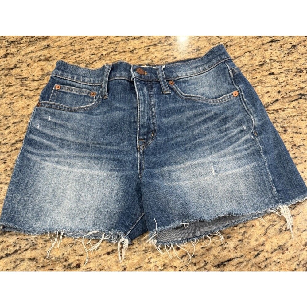Madewell Womens Blue Frayed Relaxed Mid Length Cut Off Denim Shorts Sz 25